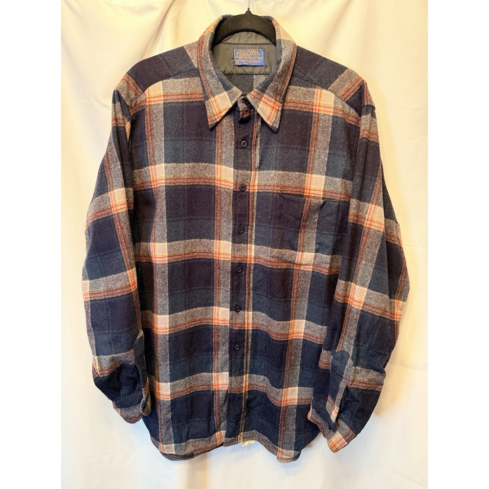 Vintage Pendleton Men's Large Navy Blue Tan Plaid Shirt 100% Wool Made in USA